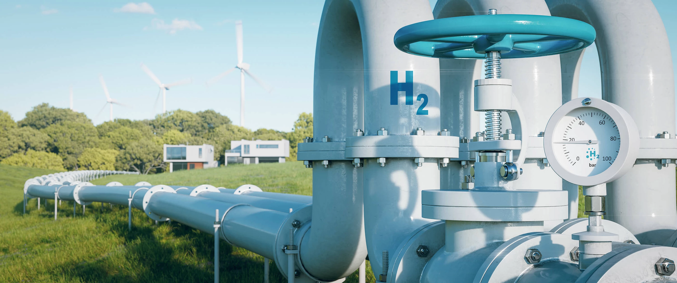 Close-up of pipes with forest and wind turbines in the background